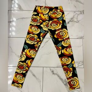 LuLaRoe Black Leggings with Yellow and Orange Rose Print